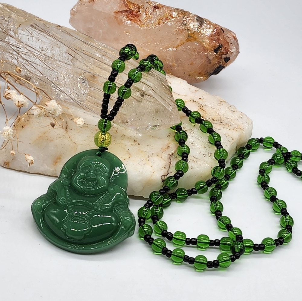 Buddha Big Pendant Green Stone Long Beaded Necklace Yoga Boho Rustic